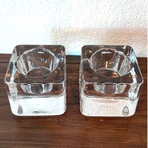Orrefors Sweden PAIR of Ice‎ Cube Crystal Votive Candle Holders 2 3/4" Square